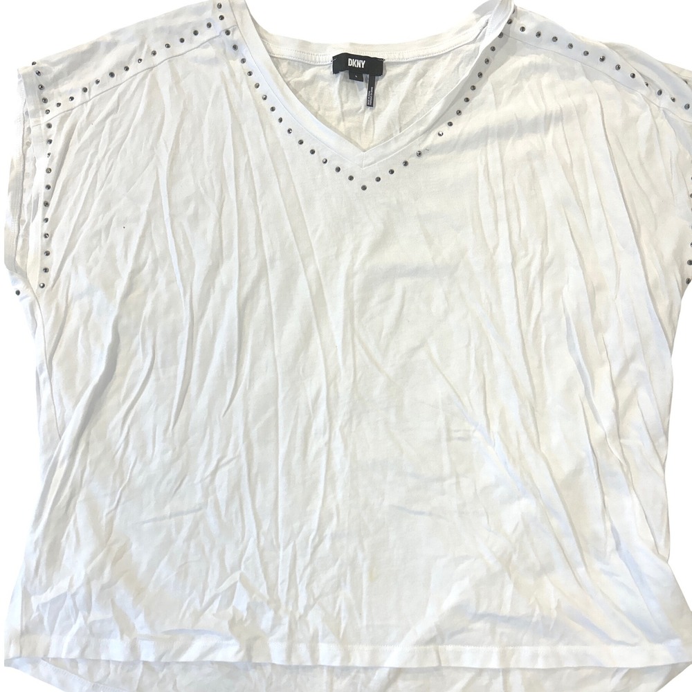 DKNY White Studded V Neck LARGE Shirt Sleeve T Shirt‎ Top women